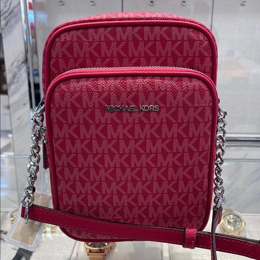 MICHAEL KORS Jet Set Travel Md Signature Logo Crossbody Flight Bag DK RASPBERRY